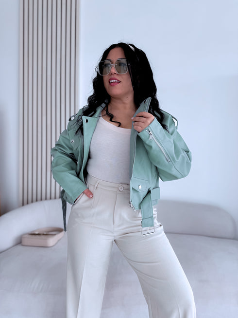 Crop faux leather jacket MU03 - pistachio green